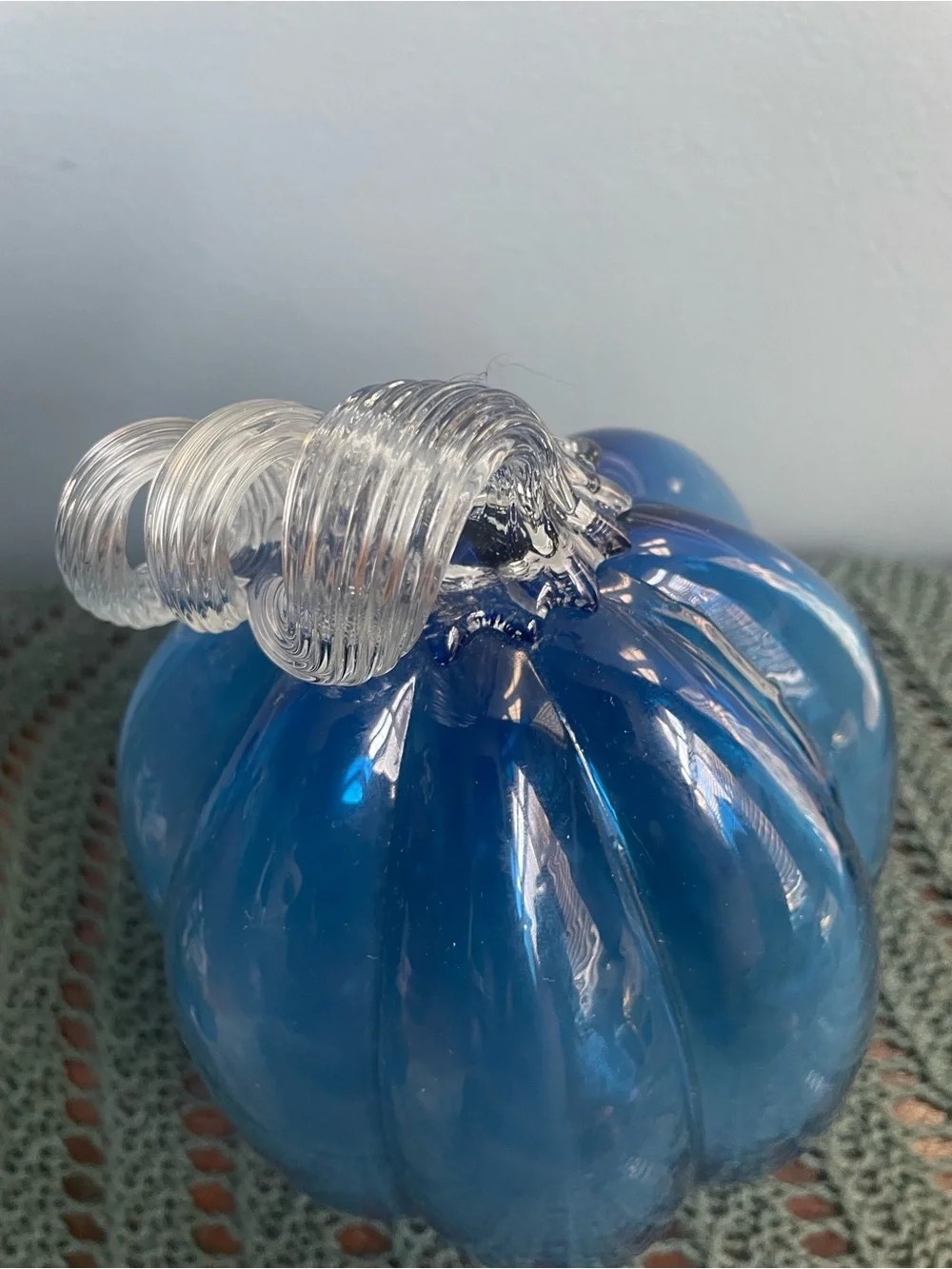 Blue Glass Pumpkin Decorative Accent with Clear Stem